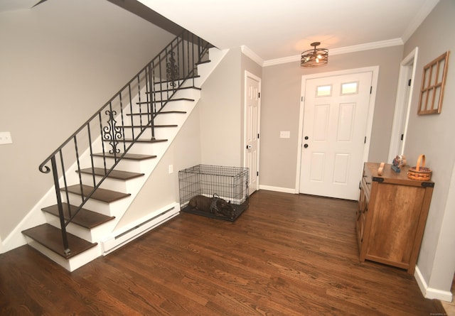 4 Whisconier Vlg Unit 4, Brookfield, CT 06804 - entrance foyer featuring a baseboard radiator, dark wood-type flooring, stairs, and ornamental molding