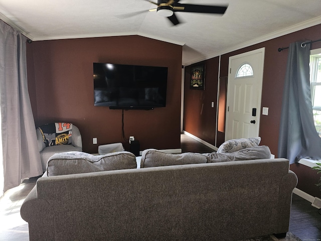 91 Chaffeeville Rd Trlr 16, Mansfield, CT 06250 - living room featuring a ceiling fan, plenty of natural light, wood finished floors, crown molding, and lofted ceiling