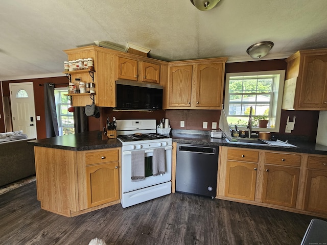 91 Chaffeeville Rd Trlr 16, Mansfield, CT 06250 - kitchen with dishwashing machine, black microwave, white range with gas cooktop, healthy amount of natural light, and crown molding