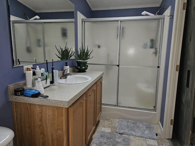 91 Chaffeeville Rd Trlr 16, Mansfield, CT 06250 - bathroom with vanity, an enclosed shower, crown molding, and stone finish floors