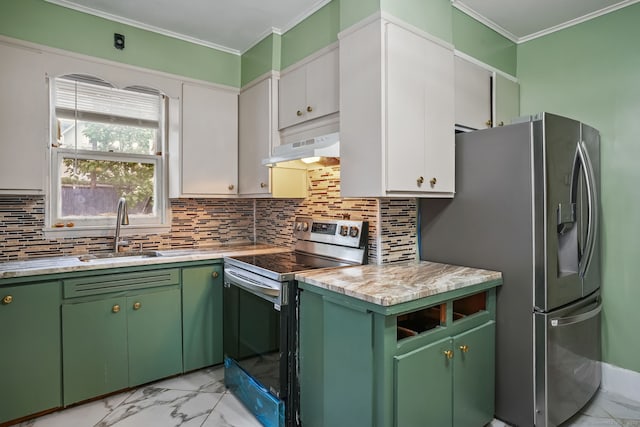 73 Atwater St, Bridgeport, CT 06604 - kitchen featuring stainless steel appliances, light marble finish flooring, under cabinet range hood, light countertops, and ornamental molding