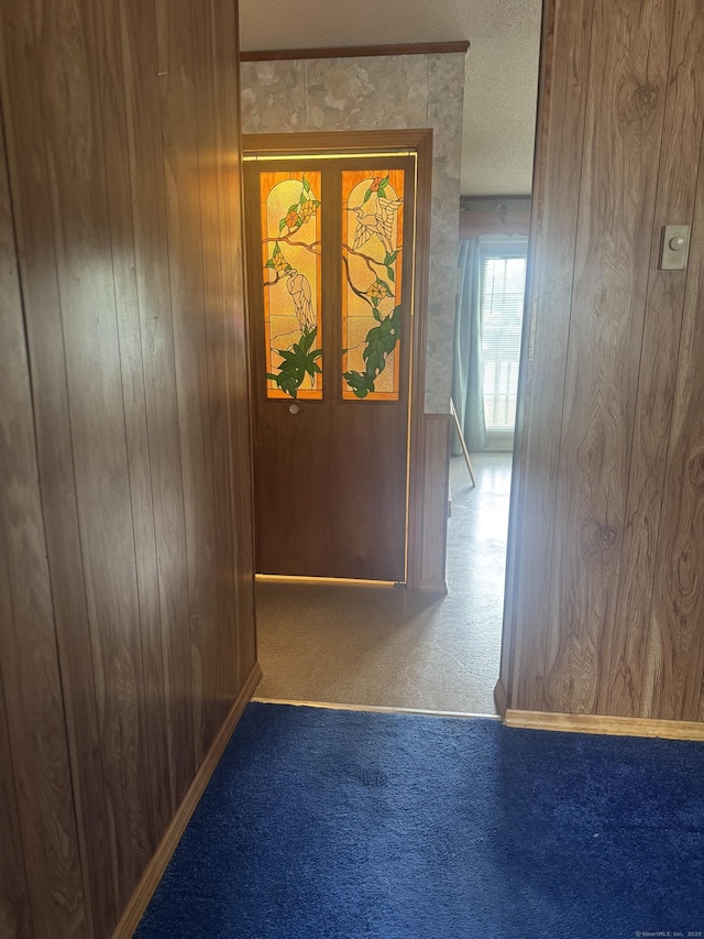 260 Scott Rd Apt 1, Waterbury, CT 06705 - hall with carpet flooring, wood walls, and a textured ceiling