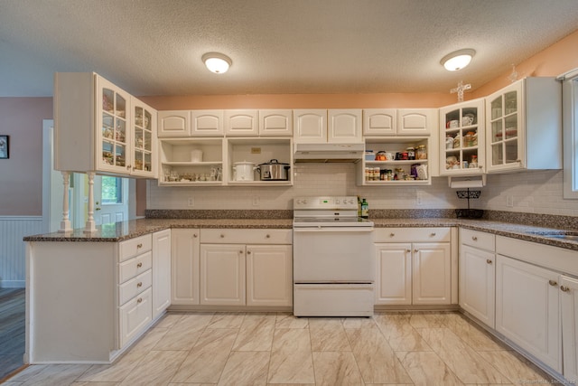 43 Rte 87, Columbia, CT 06237 - kitchen with white electric stove, open shelves, under cabinet range hood, a textured ceiling, and wainscoting