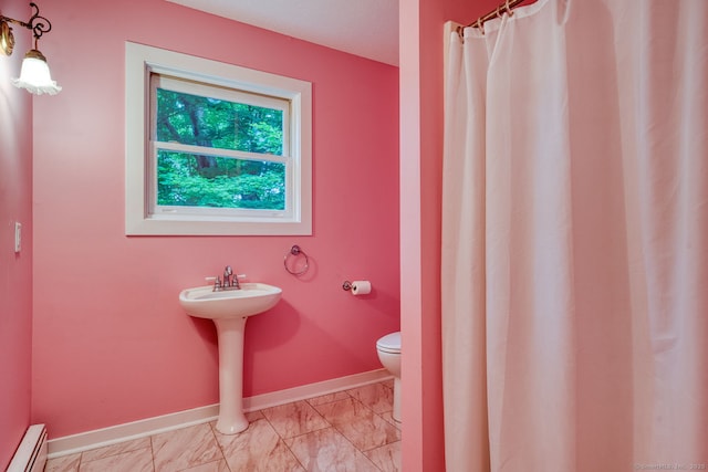 43 Rte 87, Columbia, CT 06237 - full bathroom with a baseboard radiator, marble finish floors, and a shower with shower curtain