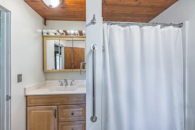88 Hillyndale Rd, Mansfield, CT 06268 - full bathroom featuring wooden ceiling, vanity, and a shower with curtain