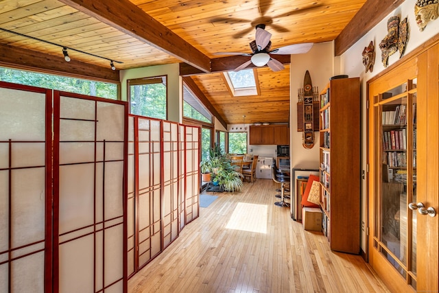 88 Hillyndale Rd, Mansfield, CT 06268 - entrance foyer featuring ceiling fan, wooden ceiling, light wood-type flooring, a skylight, and rail lighting