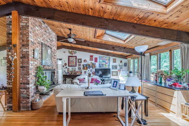 88 Hillyndale Rd, Mansfield, CT 06268 - office space with a skylight, wooden ceiling, light wood-style flooring, and a ceiling fan