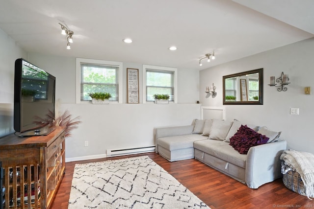 296 Black Rock Tpke, Redding, CT 06896 - living area with baseboard heating, dark wood-style floors, rail lighting, and recessed lighting