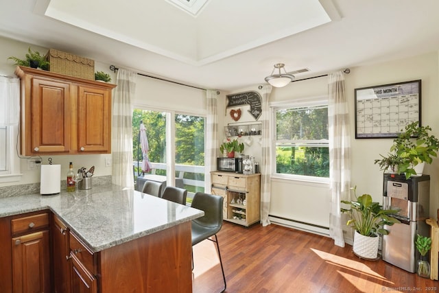 296 Black Rock Tpke, Redding, CT 06896 - kitchen with a baseboard radiator, plenty of natural light, a raised ceiling, and dark wood finished floors