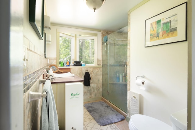 48 Preston Ln, Salisbury, CT 06068 - full bathroom featuring a stall shower, tile patterned flooring, tile walls, and vanity