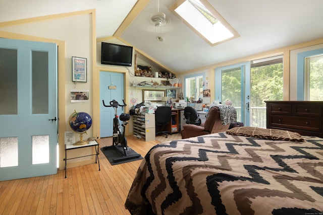 48 Preston Ln, Salisbury, CT 06068 - bedroom featuring vaulted ceiling, access to exterior, a skylight, and hardwood / wood-style flooring