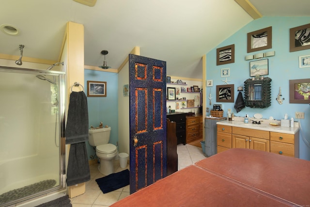 48 Preston Ln, Salisbury, CT 06068 - full bath with tile patterned floors, lofted ceiling, a shower stall, and vanity