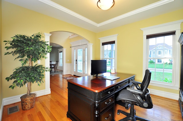 1 Leghorn Ln, Cromwell, CT 06416 - office space featuring arched walkways, light wood-style flooring, plenty of natural light, crown molding, and ornate columns