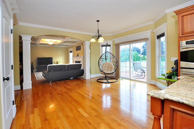 1 Leghorn Ln, Cromwell, CT 06416 - living area with ornate columns, arched walkways, light wood-style floors, coffered ceiling, and ornamental molding