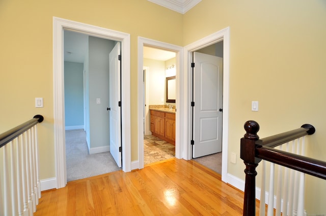 1 Leghorn Ln, Cromwell, CT 06416 - hall with an upstairs landing, light wood-type flooring, and crown molding