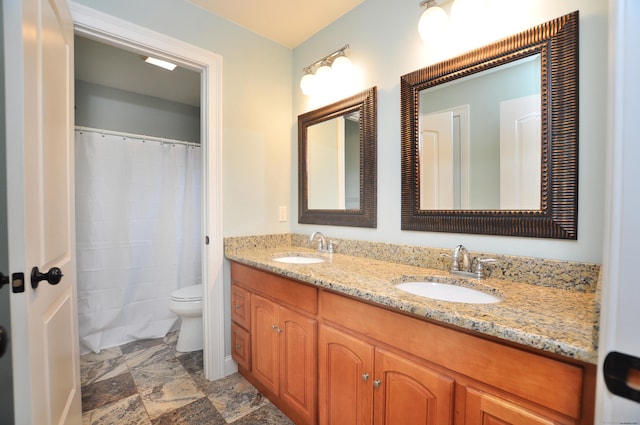 1 Leghorn Ln, Cromwell, CT 06416 - bathroom featuring double vanity, stone finish floors, and curtained shower
