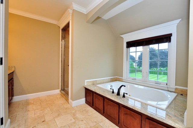1 Leghorn Ln, Cromwell, CT 06416 - full bath featuring a garden tub, a stall shower, vanity, ornamental molding, and stone tile floors