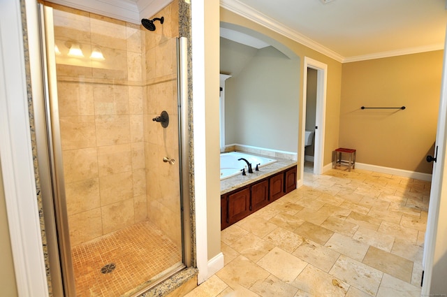 1 Leghorn Ln, Cromwell, CT 06416 - full bathroom featuring a stall shower, a bath, crown molding, and stone tile floors