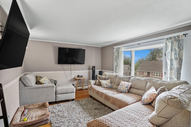 84 Hickory St, West Haven, CT 06516 - living room with wood finished floors, a baseboard heating unit, and crown molding