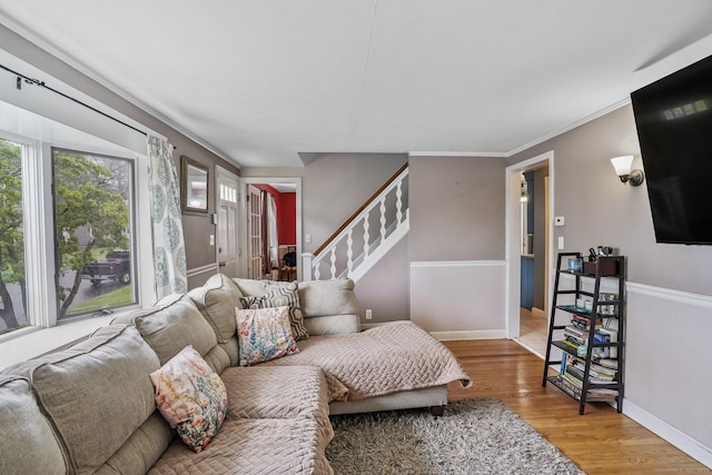 84 Hickory St, West Haven, CT 06516 - living area with wood finished floors, stairway, and ornamental molding