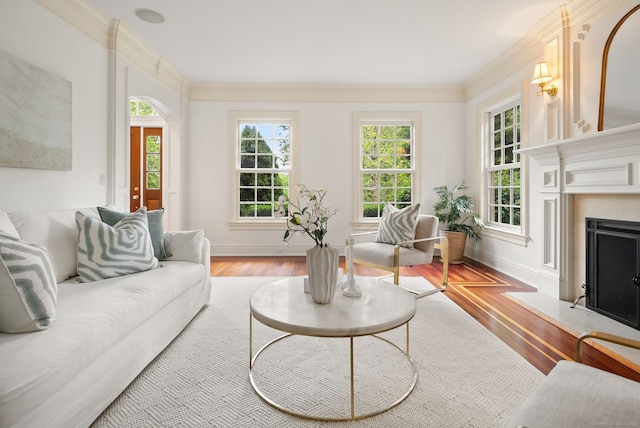 43 Chessor Ln, Wilton, CT 06897 - living area with light wood-style floors, a fireplace, and ornamental molding