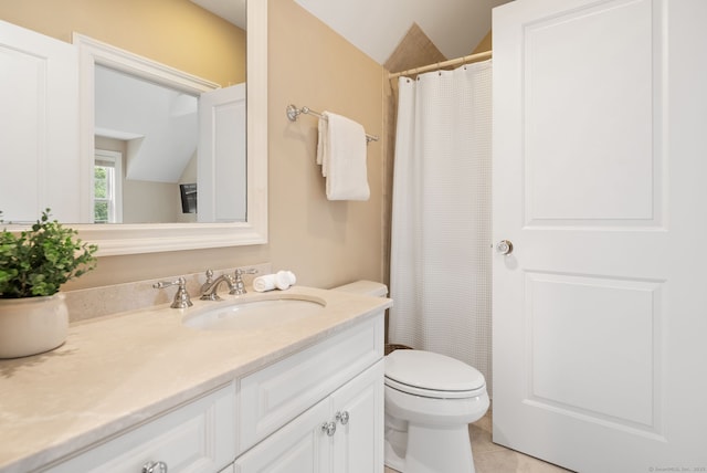 43 Chessor Ln, Wilton, CT 06897 - full bath with vanity, tile patterned flooring, vaulted ceiling, and a shower with curtain