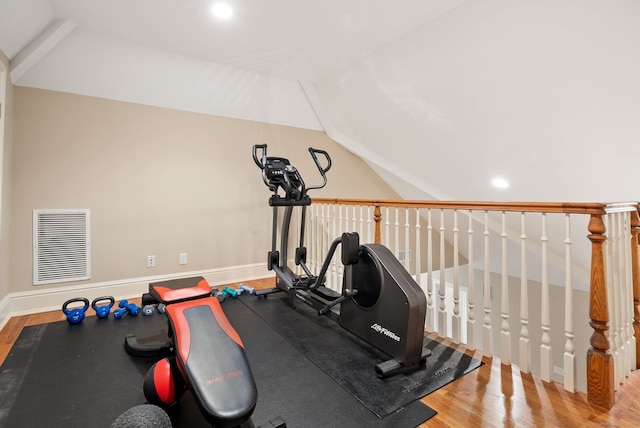 43 Chessor Ln, Wilton, CT 06897 - workout room featuring wood finished floors, vaulted ceiling, and recessed lighting
