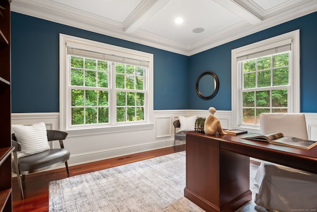43 Chessor Ln, Wilton, CT 06897 - office space featuring a wainscoted wall, wood finished floors, coffered ceiling, and crown molding