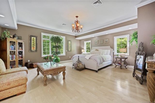 67 Hayden Hill Rd, Haddam, CT 06438 - bedroom featuring a chandelier, light wood-type flooring, crown molding, and recessed lighting