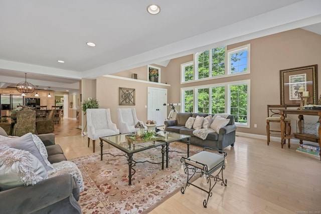 67 Hayden Hill Rd, Haddam, CT 06438 - living area featuring a chandelier, recessed lighting, light wood-type flooring, and a high ceiling