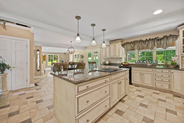 67 Hayden Hill Rd, Haddam, CT 06438 - kitchen featuring cream cabinetry, dark stone counters, hanging light fixtures, recessed lighting, and a kitchen island