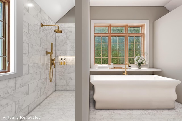 67 Hayden Hill Rd, Haddam, CT 06438 - full bath with lofted ceiling, marble finish floors, tiled shower, and a freestanding tub