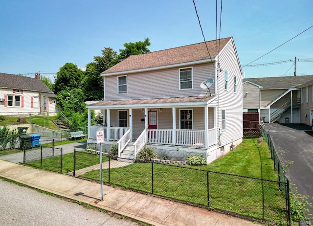 13 Sherman St, Norwich, CT 06360 - view of front facade featuring a porch, a fenced front yard, stairway, and a shingled roof