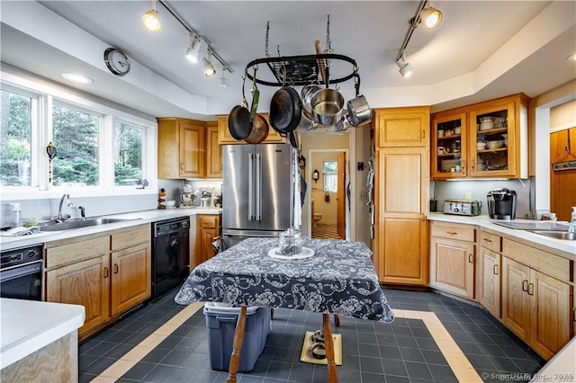 166 Old Colchester Rd, Salem, CT 06420 - kitchen featuring high end refrigerator, black dishwasher, dark tile patterned flooring, and track lighting