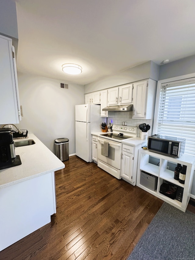 21 Prospect Ave Unit A101, Norwalk, CT 06850 - kitchen featuring white appliances, light countertops, decorative backsplash, dark wood-style flooring, and under cabinet range hood