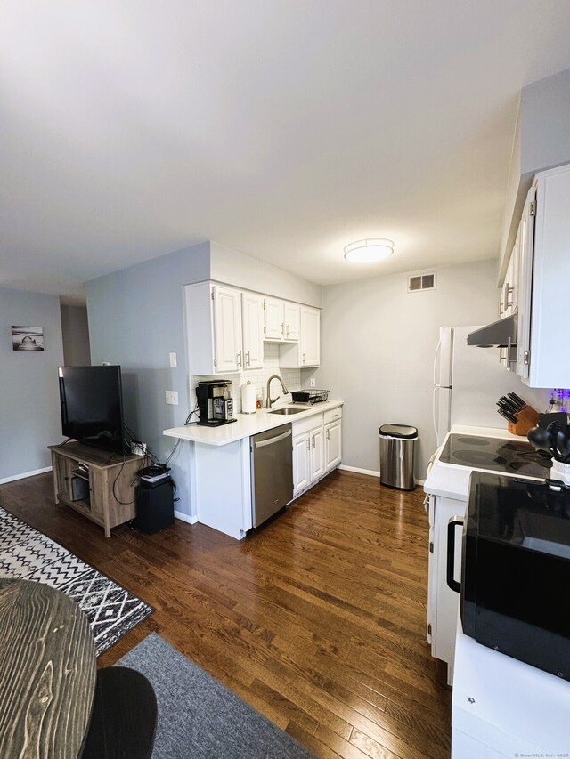 21 Prospect Ave Unit A101, Norwalk, CT 06850 - kitchen with stainless steel dishwasher, under cabinet range hood, light countertops, and dark wood finished floors