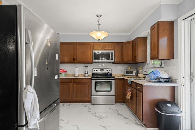 8 Cornfield Rd, Waterbury, CT 06704 - kitchen featuring appliances with stainless steel finishes, brown cabinetry, light marble finish flooring, tasteful backsplash, and ornamental molding