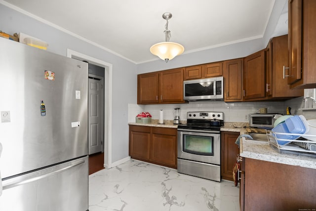 8 Cornfield Rd, Waterbury, CT 06704 - kitchen featuring stainless steel appliances, brown cabinets, backsplash, ornamental molding, and pendant lighting