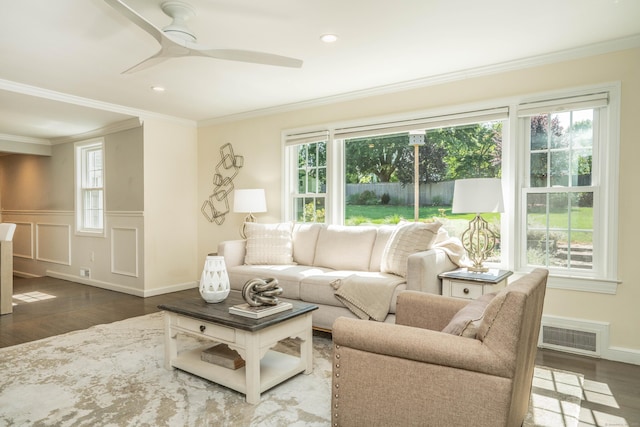 21 Walnut St, Newington, CT 06111 - living room featuring wood finished floors, a ceiling fan, a wainscoted wall, crown molding, and recessed lighting