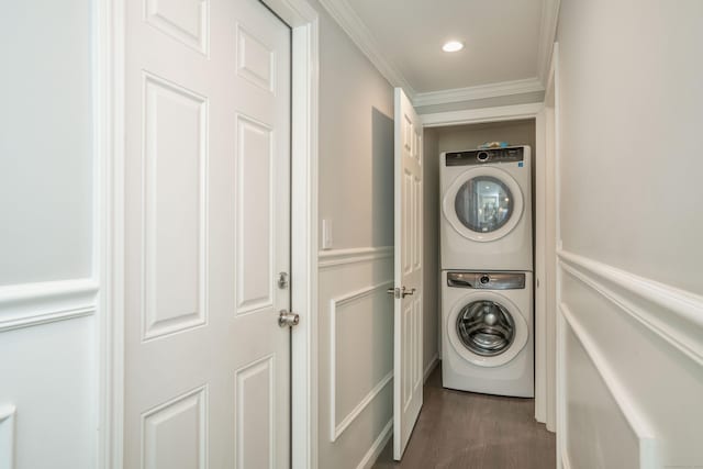 21 Walnut St, Newington, CT 06111 - laundry room featuring stacked washing machine and dryer, dark wood-style flooring, crown molding, and recessed lighting