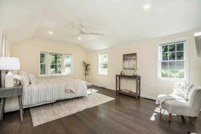 21 Walnut St, Newington, CT 06111 - bedroom featuring vaulted ceiling, dark wood-style flooring, ceiling fan, and recessed lighting