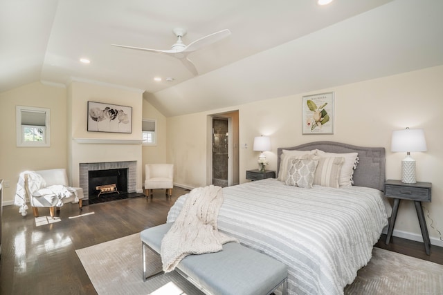 21 Walnut St, Newington, CT 06111 - bedroom with vaulted ceiling, wood finished floors, a brick fireplace, ceiling fan, and recessed lighting