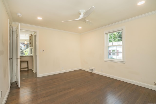 21 Walnut St, Newington, CT 06111 - spare room featuring dark wood-style flooring, a smoke detector, ceiling fan, ornamental molding, and recessed lighting