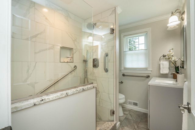 21 Walnut St, Newington, CT 06111 - bathroom featuring ornamental molding, vanity, marble look tiles, and a shower stall