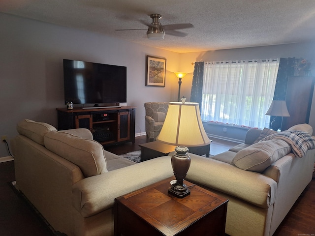 67 Fox Hollow Dr Unit 67, Windsor Locks, CT 06096 - living room featuring ceiling fan, dark wood-style flooring, and a textured ceiling