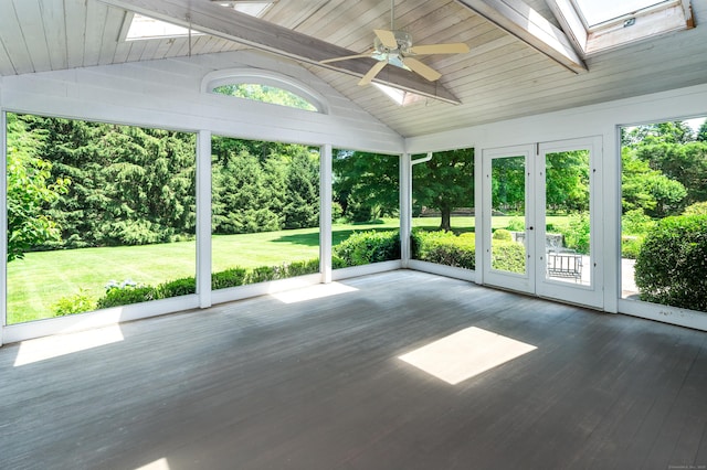 173 Russet Rd, Stamford, CT 06903 - unfurnished sunroom with a skylight, a ceiling fan, french doors, vaulted ceiling, and wood finished floors