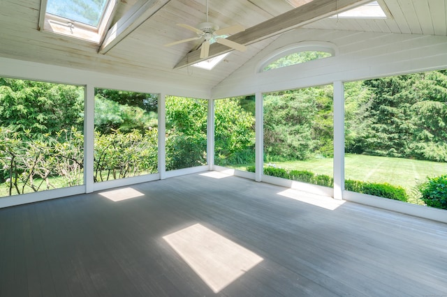 173 Russet Rd, Stamford, CT 06903 - unfurnished sunroom with a skylight, ceiling fan, wood finished floors, and wooden ceiling