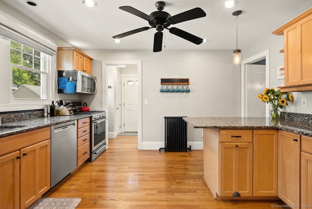 140 Griswold Dr, West Hartford, CT 06119 - kitchen with appliances with stainless steel finishes, radiator heating unit, light wood-style floors, recessed lighting, and ceiling fan