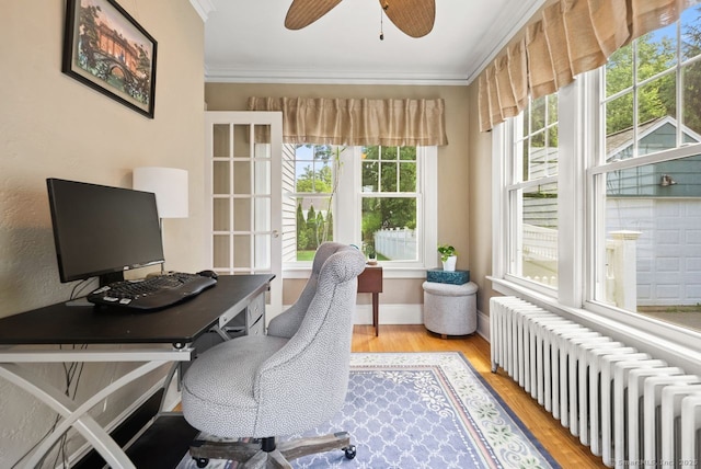 140 Griswold Dr, West Hartford, CT 06119 - home office featuring radiator, crown molding, wood finished floors, and ceiling fan