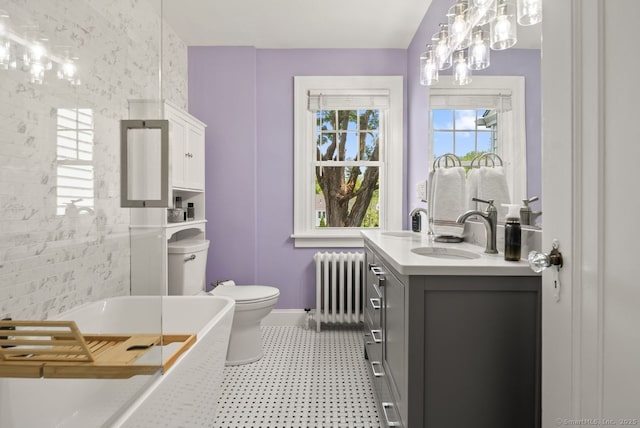 140 Griswold Dr, West Hartford, CT 06119 - full bathroom featuring radiator, a tub, vanity, tile patterned floors, and a chandelier